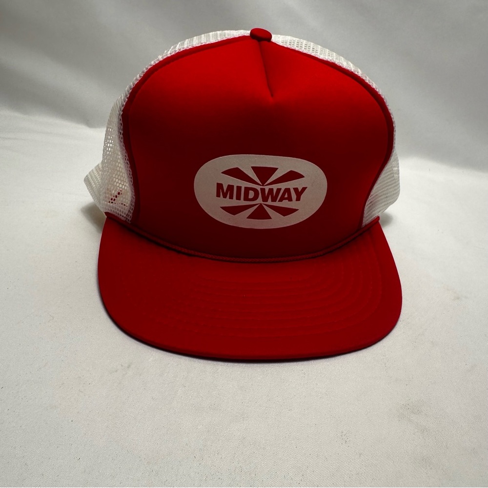 Vintage San Sun Midway Red Mesh Back Trucker Hat Snap Back Cap One Size